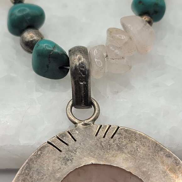 Navajo 925 Sterling Silver Rose Quartz Turquoise Bone Necklace - Picture 4 of 5
